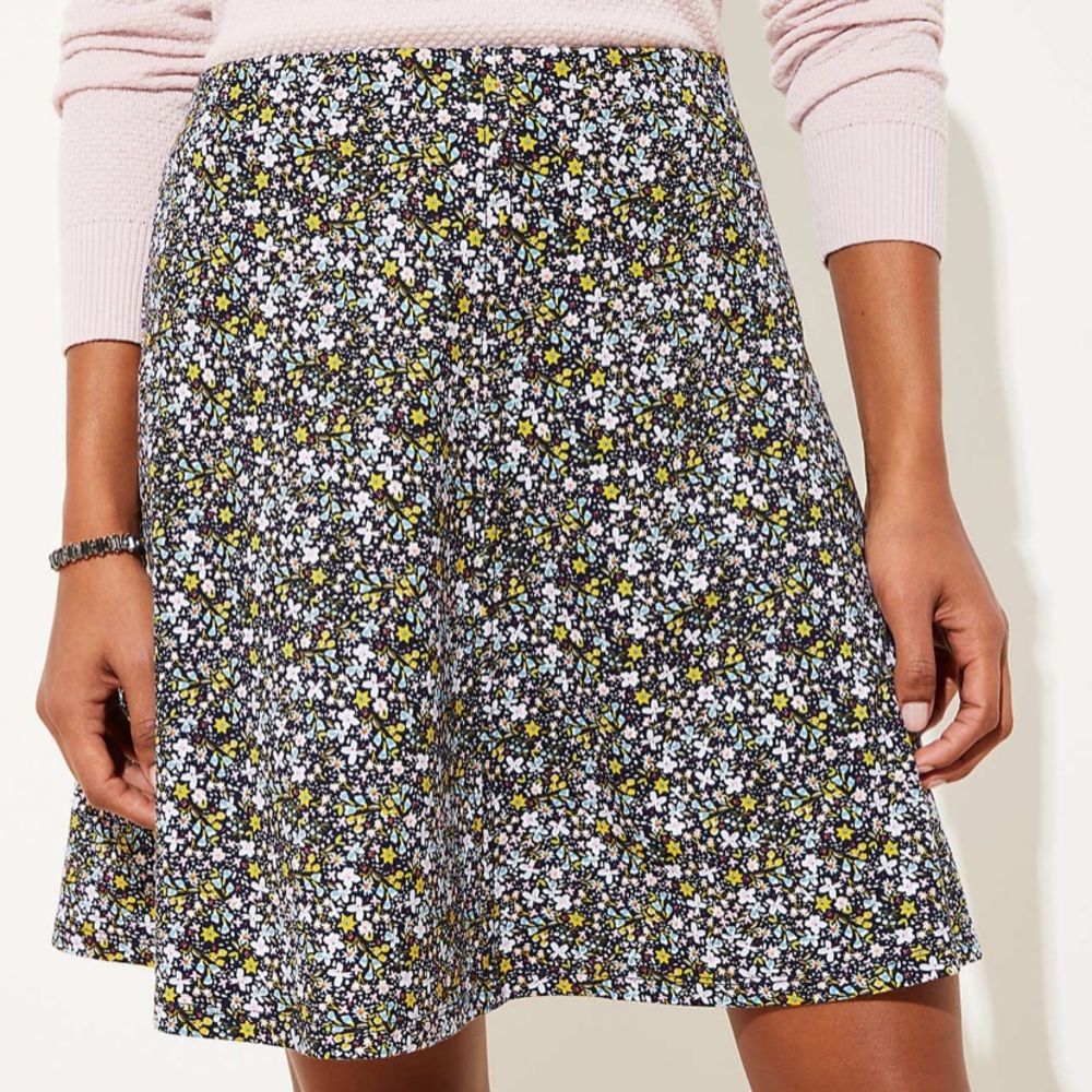 LOFT Black Floral A-Line Skirt with White and Yellow Flowers